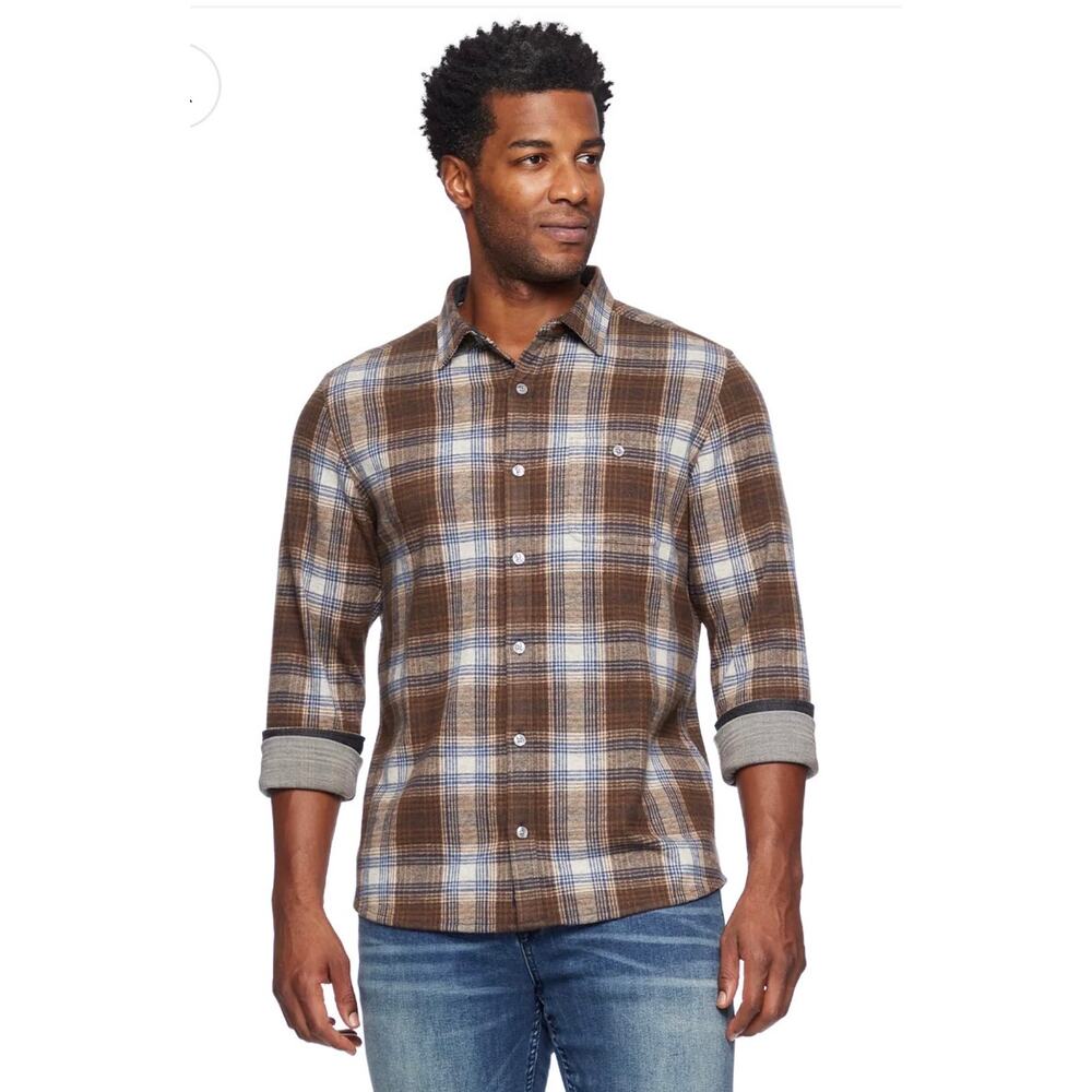 FLAG & ANTHEM Trimble Stretch Knit Brown Blue Plaid Shirt Size S